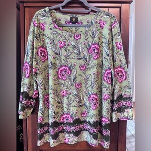 JM Collection Green and Pink & Black Floral Blouse size XL